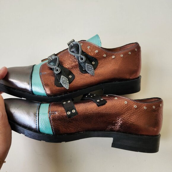 Girotti Metallic Leather Oxford Shoes Buckles Steampunk Luxury Handmade Unique 4 - Picture 3 of 16